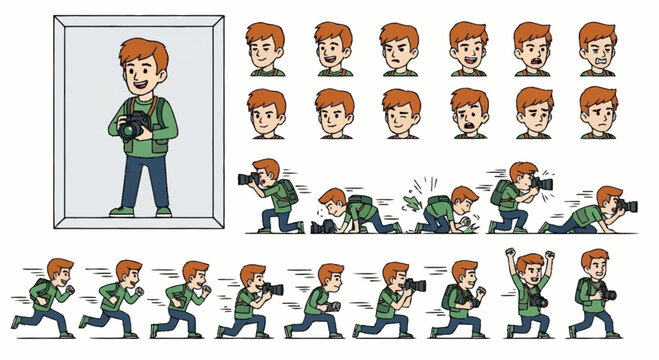 Cartoon photographer character set with various poses and expressions