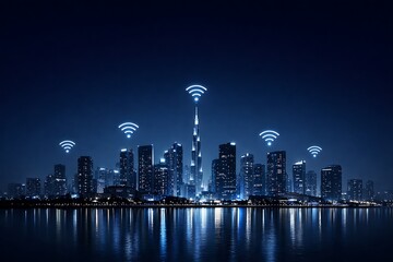 Obraz premium Futuristic Smart City Network with Signal Waves and IoT Connectivity in Night Skyline Cyberpunk Concept
