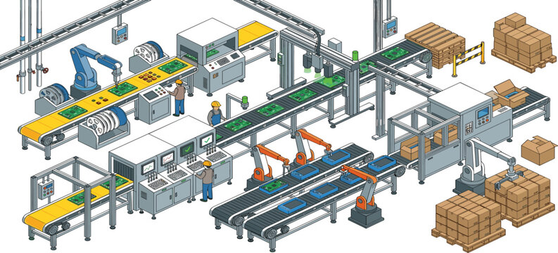 Automated electronics manufacturing plant with robotic arms conveyor belts and quality control stations for circuit board assembly and warehouse palletizing isolated on white background