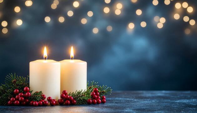 Two festive candles with berries and bokeh lights.