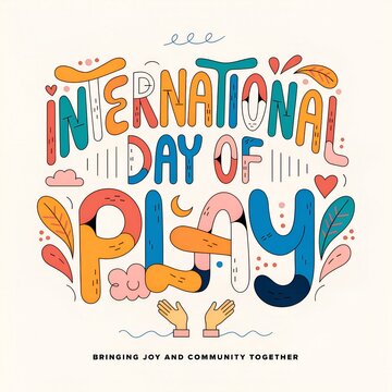 Playful and colorful illustration for International Day of Play, featuring whimsical typography, hands, and natural elements, celebrating joy and community.