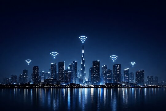 Futuristic Smart City Network with Signal Waves and IoT Connectivity in Night Skyline Cyberpunk Concept
