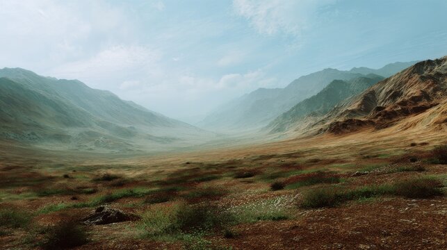 Mountain Valley Panorama: A captivating landscape, the image presents a serene mountain valley, inviting exploration and admiration of nature's raw beauty and majestic scale. 