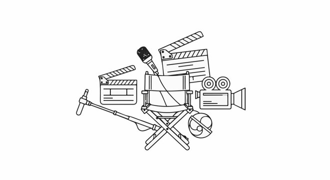 A director's chair surrounded by filmmaking equipment on a white background