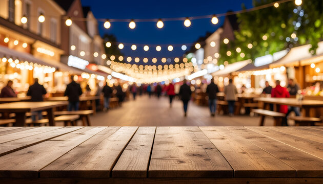 Empty wooden table at festive outdoor night market with bokeh lights.