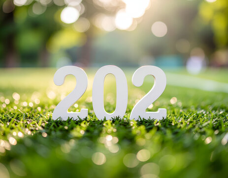 White numbers 202 on sunny green grass with bokeh.
