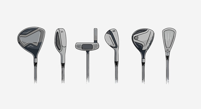 A collection of six golf clubs, including drivers, irons, and a putter, displayed