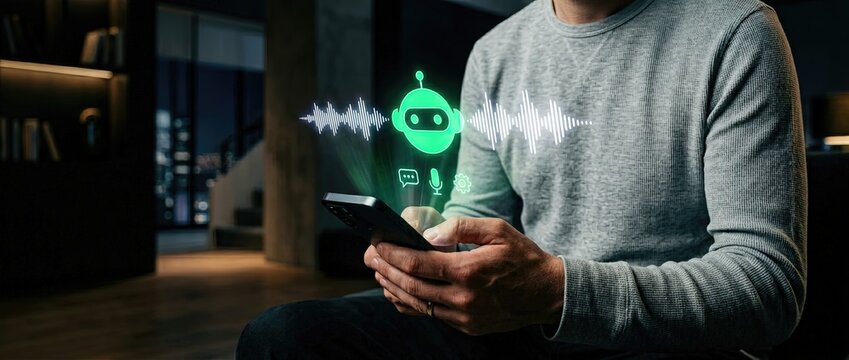 Exploring voice interaction with ai chatbot technology urban office space digital art contemporary setting close-up view future of communication