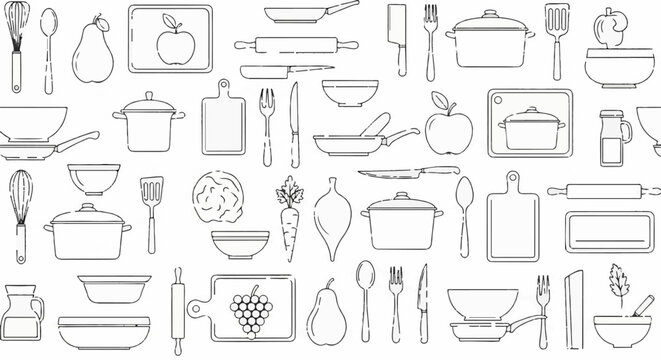 A collection of outlined kitchen utensils, cookware, and produce items