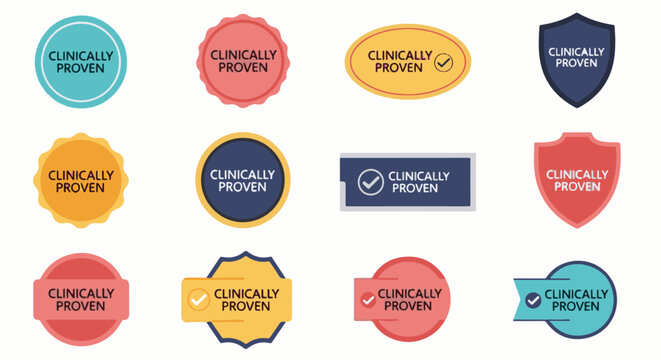 A collection of twelve diverse, colorful graphic badges indicating "clinically proven" status