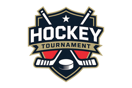 Hockey tournament badge with puck sticks and shield design