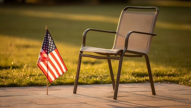 empty patio chair with small american flag on sunny summer day outdoor setting