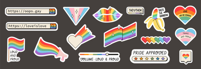 Naklejka premium Retro LGBTQ pride sticker set with inclusive rainbow slogans. Vintage computer ui search bars, transgender flag icons, lesbian symbols, queer aesthetic graphics for digital design. Vector illustration