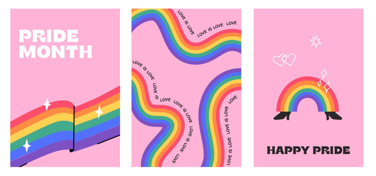 Fun Y2K aesthetic Pride poster set with retro rainbow character and LGBTQ flag. Trendy queer vertical banner, playful social media story graphic for inclusive marketing, gen z wall art print. Vector.