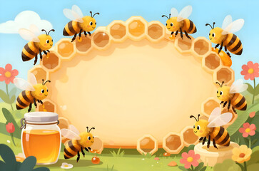 Fototapeta premium Cute cartoon bees frame template with blank honeycomb copy space and honey jar