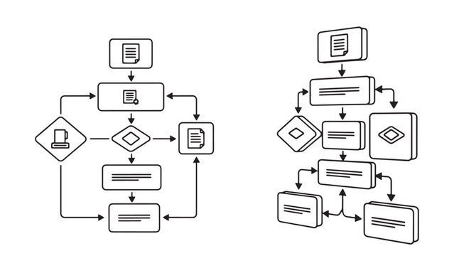 Business Process Flowcharts with 2D and 3D Isometric Vector Diagrams Illustrating Workflow Steps and Decision Points