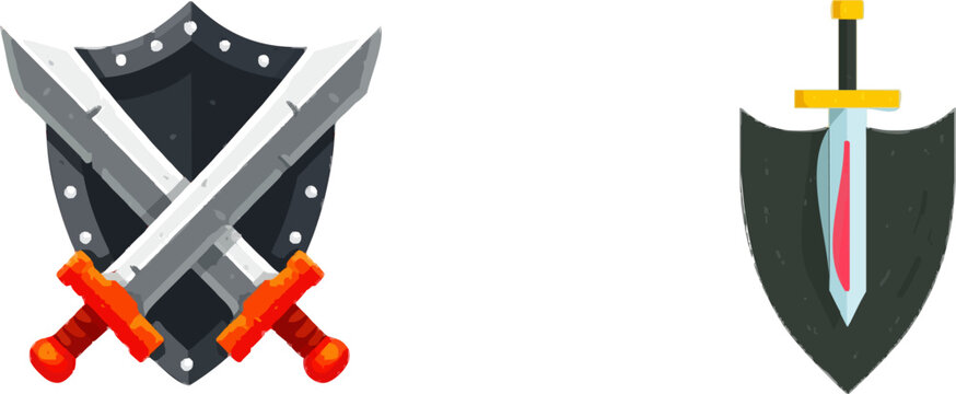 A grunge sword and shield pattern features sharp metallic edges in flat steel grey and red with a weathered texture, solid fills, and clean lines