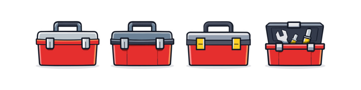 Set of red toolbox icons with different designs and one open with tools inside