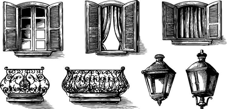 Sashed windows and decorative railings displayed with hanging lamps