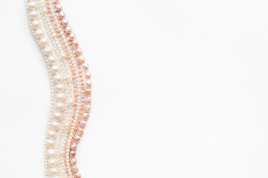 Natural baroque pearls necklace beads - white, golden and purple - for jewelry, top view