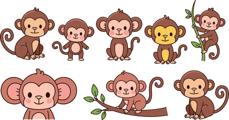 Cute monkey character set with playful cartoon poses for kids illustration jungle animals nursery design and adorable mascot collection © MstAlif