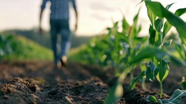 A farmer walks along rows of young corn plants in a field during the evening. The sun sets in the background while the farmer inspects the crops for growth
