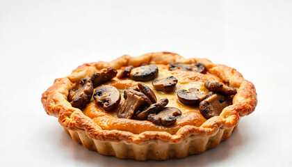 Savory mushroom pie with golden crust on white background 
