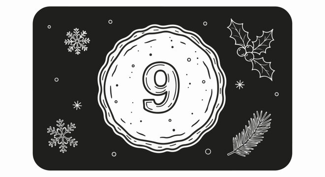 A festive drawing features the number nine within a circular design on black