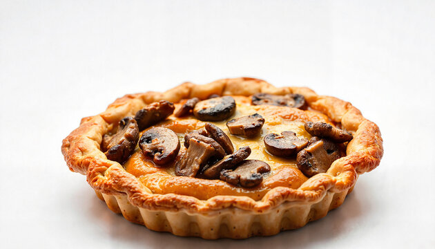 Savory mushroom pie with golden crust on white background  