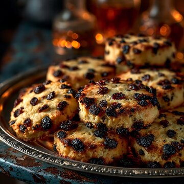 Freshly baked shirini kishmishi biscuits with raisins on silver tray