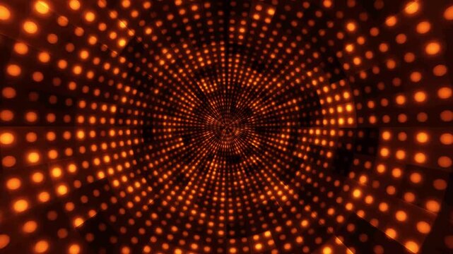 Glowing orange led circle tunnel loop, abstract dot pattern motion graphics, retro disco stage light background, futuristic shining portal for party and cinematic music video intro. 4k video