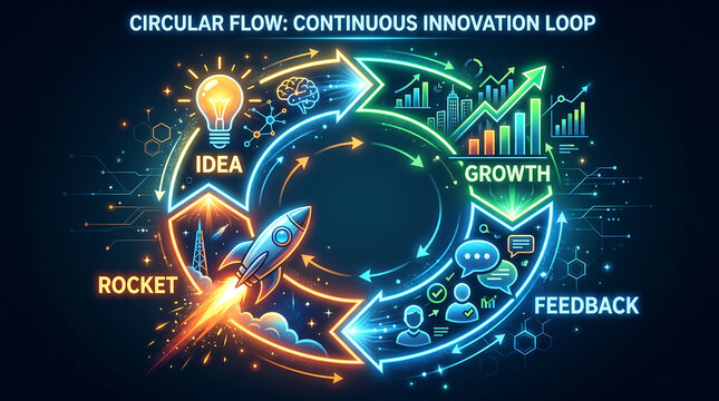 Dynamic circular flow illustration depicting continuous innovation loop with idea generation rocket launch growth charts and feedback mechanisms in a vibrant neon digital art