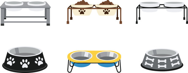Pet feeding bowls and stands set with dog and cat food dishes in various styles for animal care, feeding time, and pet accessory design © MstAlif