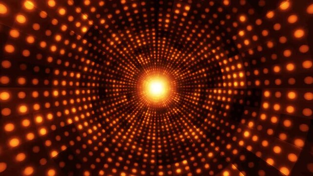 Golden led dot tunnel background animation, glowing circular light pattern loop, abstract retro disco stage motion graphics, futuristic shining portal for music concert and party video. 4k video