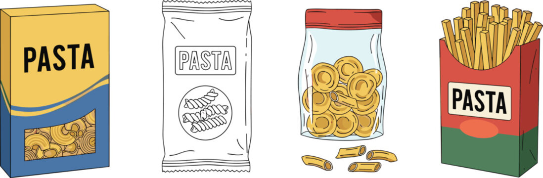 Pasta food packaging icon set with boxes bags jars and fries containers for grocery products italian cuisine branding and fast food illustration design