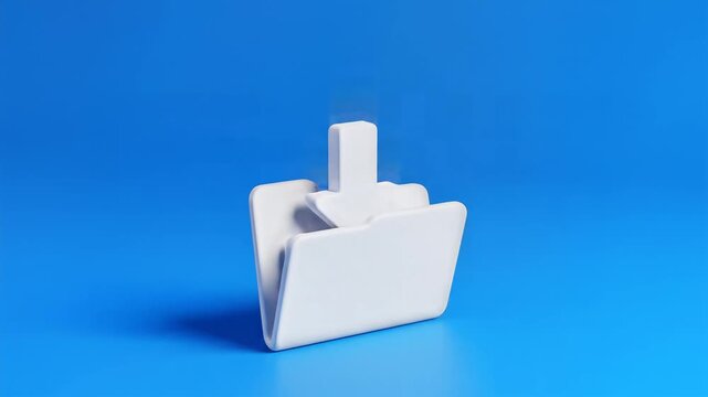 Simple 3D render of a white folder icon with a downward arrow, symbolizing file download or save operations, set against a solid blue background