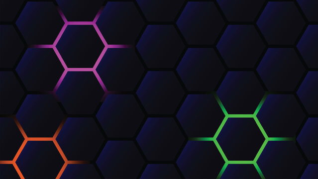 Neon hexagon abstract background with glowing colorful honeycomb pattern on dark blue gradient