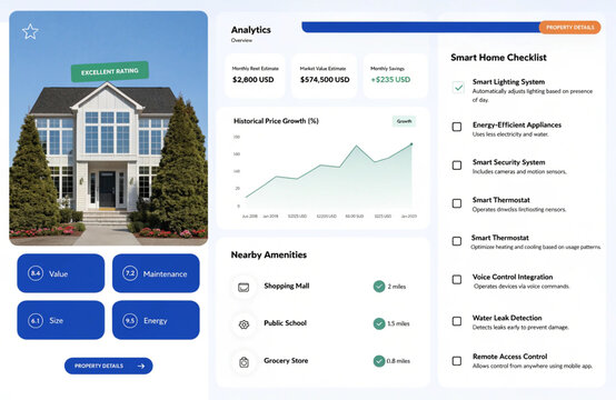 Real estate dashboard app interface with house property data