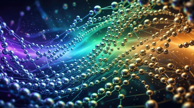 Abstract digital background with luminous interconnected spheres and flowing lines. Network structure representing big data, connectivity, and complex systems. Futuristic technology concept.