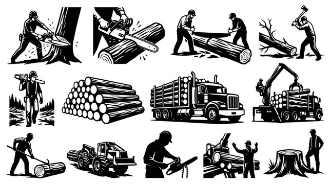 Logging Industry Black  White Vector Silhouettes: Loggers, Chainsaws, Trucks  Timber