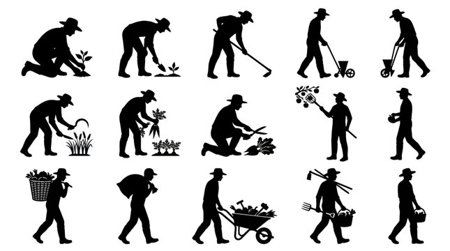 Farmers Working Silhouettes: Agriculture  Gardening Vector Icons Set