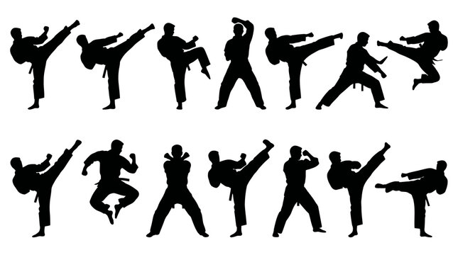 Black Silhouette Karatedokas Performing Martial Arts Kicks