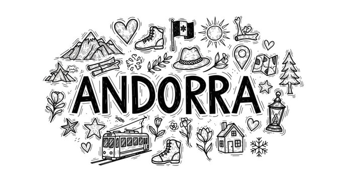 Doodle art featuring andorra: landmarks, nature, and culture in black and white