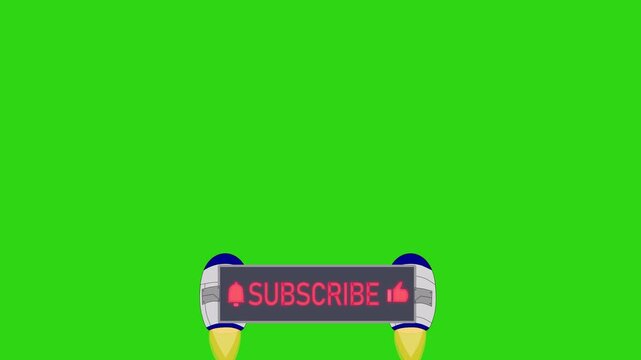 animated video of a rocket carrying a digital screen with a message inviting to subscribe on green screen