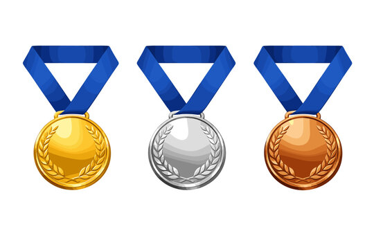 Realistic 3D vector illustration of gold, silver, and bronze award medals with blue ribbons and laurel wreaths, symbolizing first, second, and third place achievement in sports or competition.