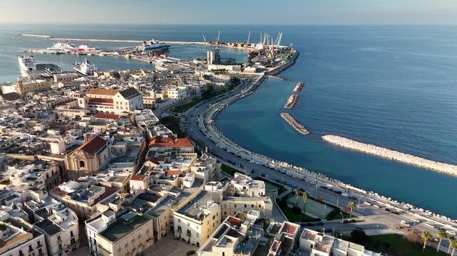 Aerial Drone View of Bari Old Town and Adriatic Coast in Puglia, Italy