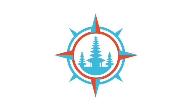Bali temple silhouette in compass rose logo design illustration