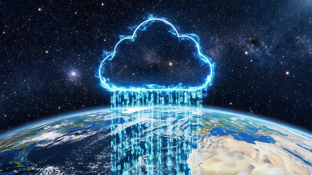 Digital transformation A glowing cloud icon raining binary code over the planet Earth, symbolizing data migration and global connectivity