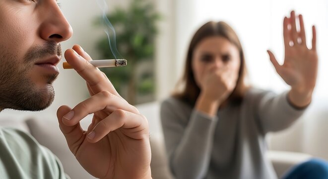 World No Tobacco Day Concept with Man Smoking and Woman Rejecting