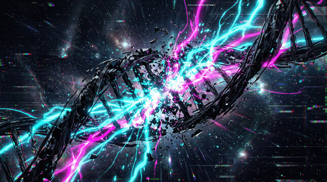 A DNA strand is shown breaking apart in space